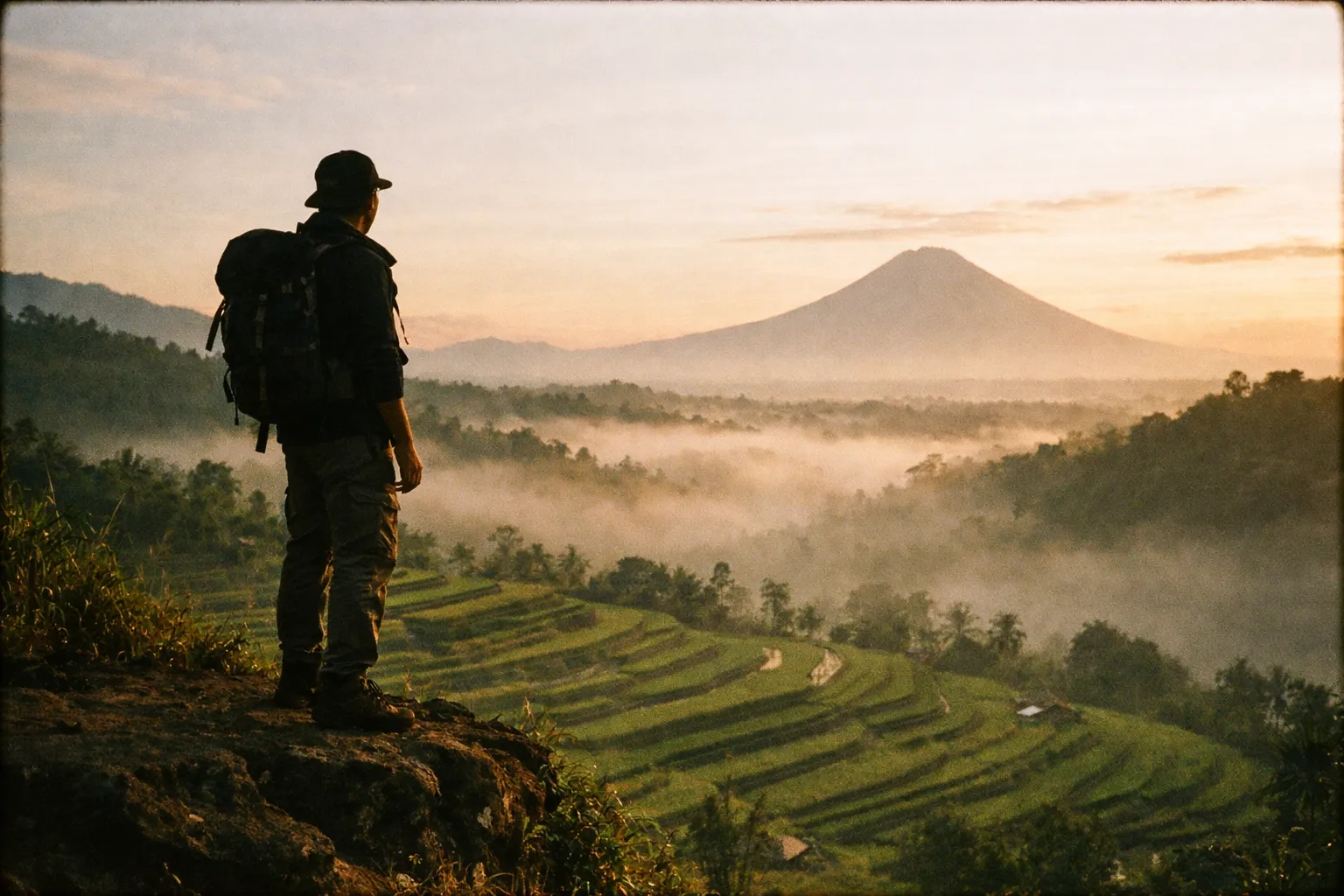Silhouette of a traveler with a backpack standing on a cliff edge overlooking rice terraces at sunset