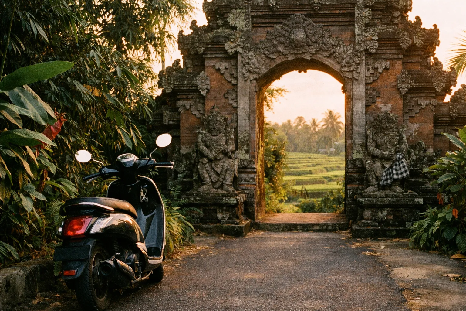 Scooter parked beside a Balinese temple gate in Ubud during golden hour, carved stone and tropical greenery in view
