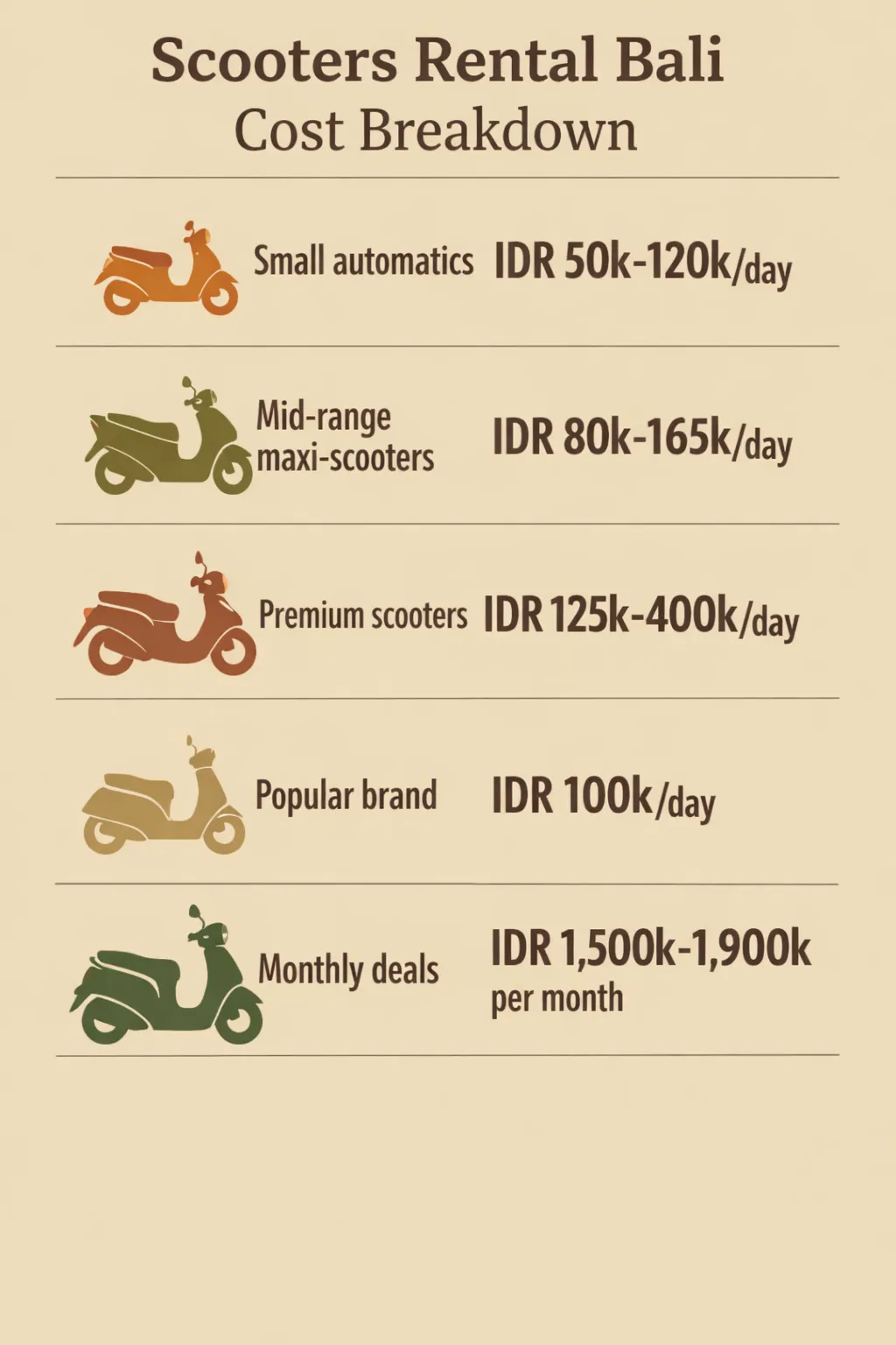 Graphic showing Bali scooter rental costs by model: small automatics 50k-120k/day, mid-range maxi-scooters 80k-165k/day