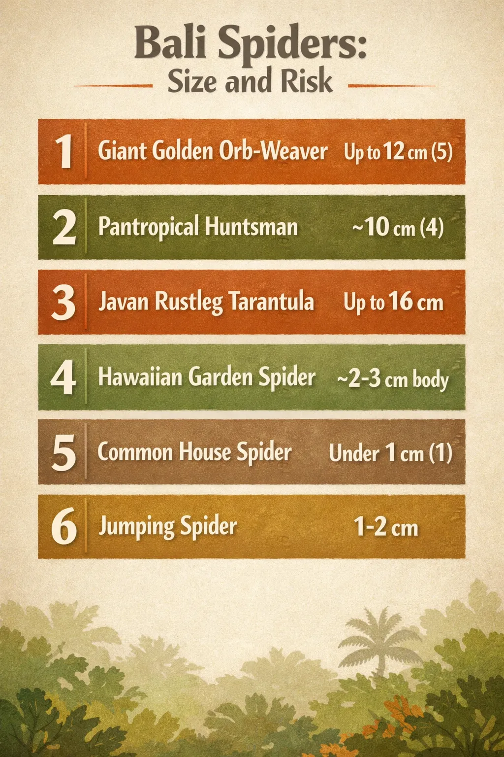 Infographic showing Bali spider species, sizes, and relative danger