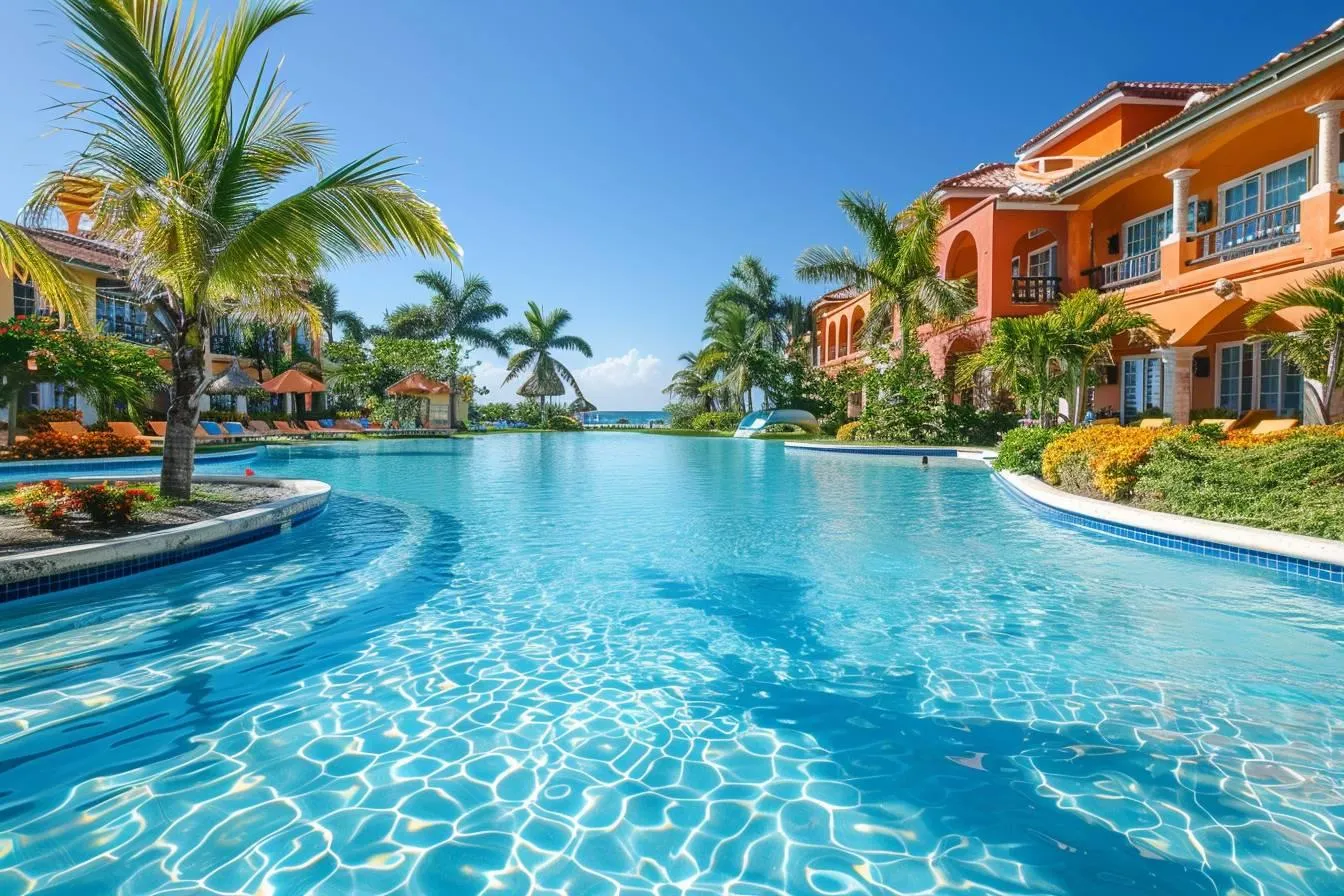 Large resort swimming pool surrounded by palm trees and colorful buildings near the ocean.