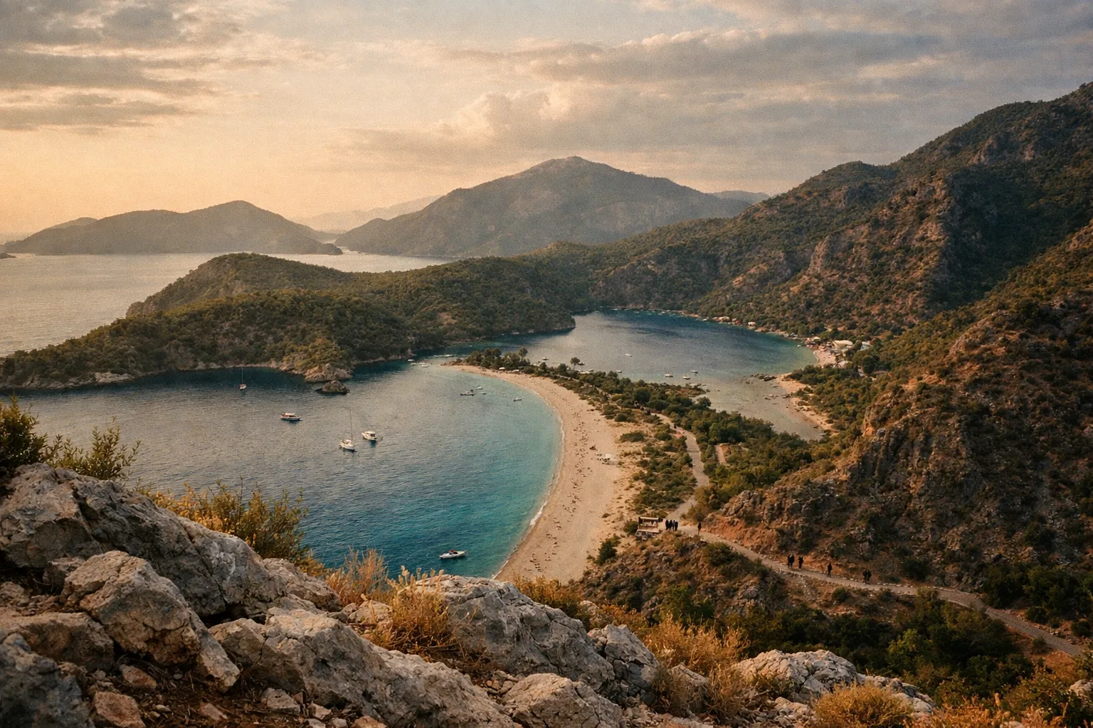 Oludeniz Beach with its curved sandy shore and turquoise lagoon surrounded by mountains in Turkey.