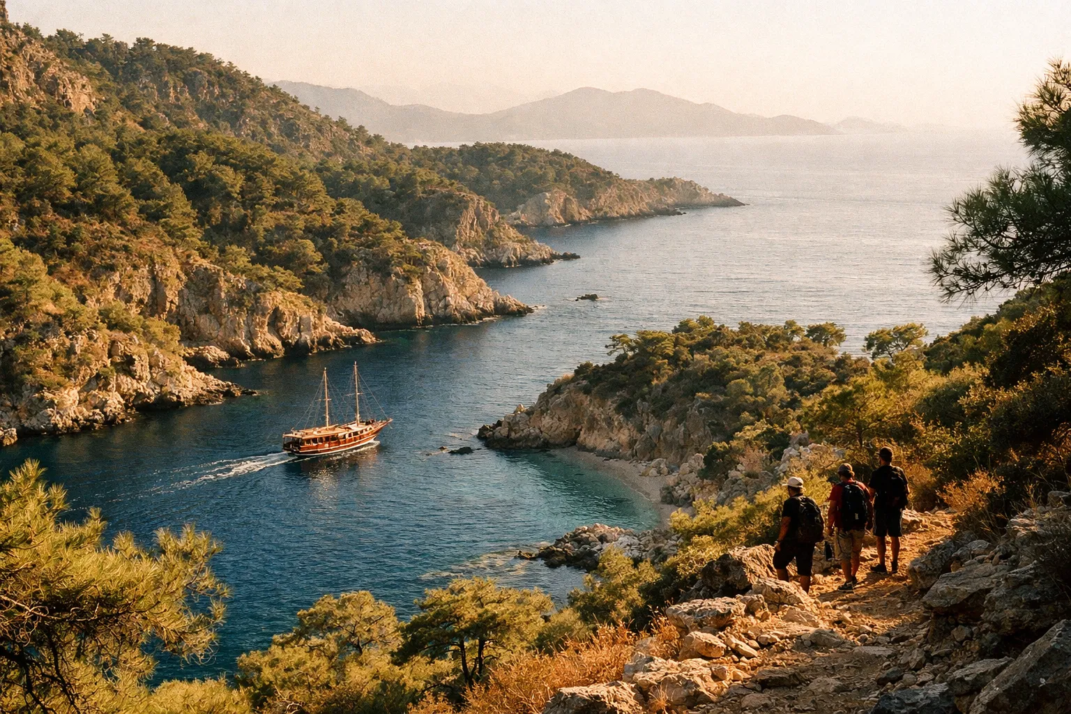 Three hikers walk along a rocky path overlooking a cove with a wooden boat near a forested coastline in Turkey.