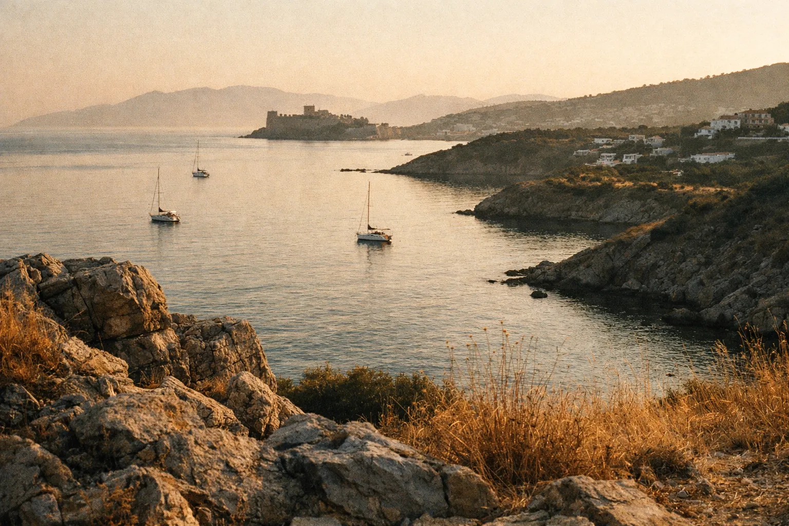 Sailboats float near the coastline with Bodrum Castle visible across the bay at sunset.