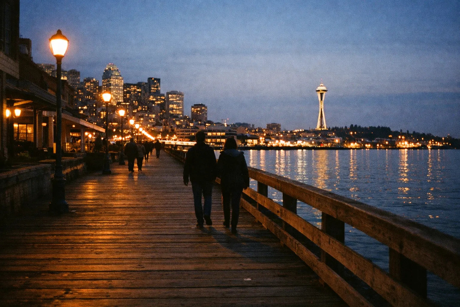 Silhouetted pedestrians along a waterfront walkway with Seattle skyline at blue hour