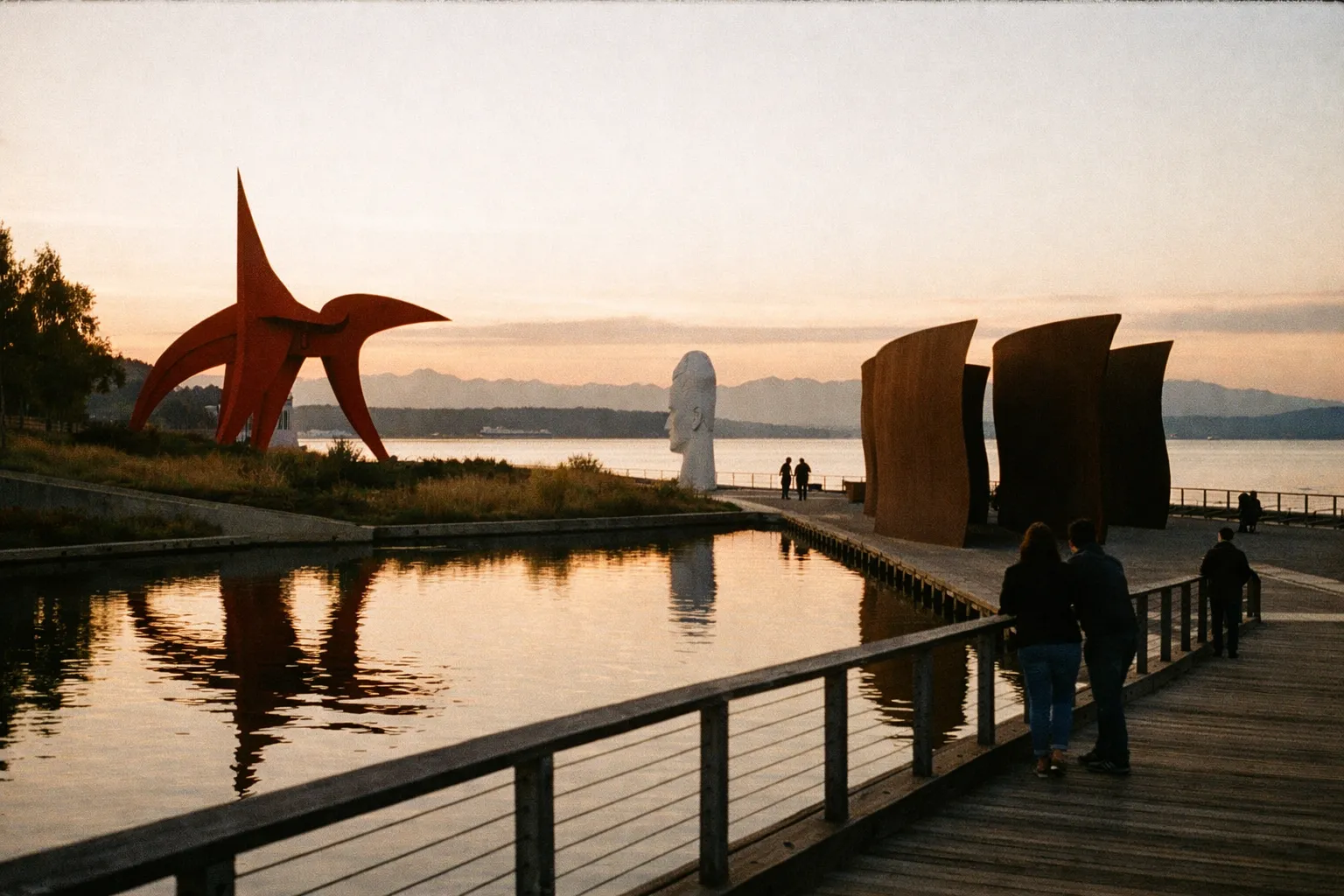 Sculptures along the Olympic Sculpture Park shore at dusk with Puget Sound and distant skyline