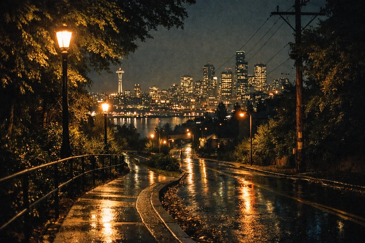 Quiet urban street at night in Seattle with warm streetlights and distant skyline