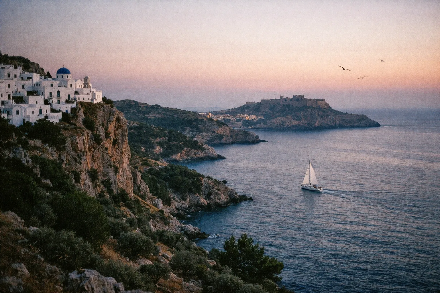 Whitewashed houses with blue domes on a cliff overlook the sea with a sailboat and distant fortress on a Greek island.