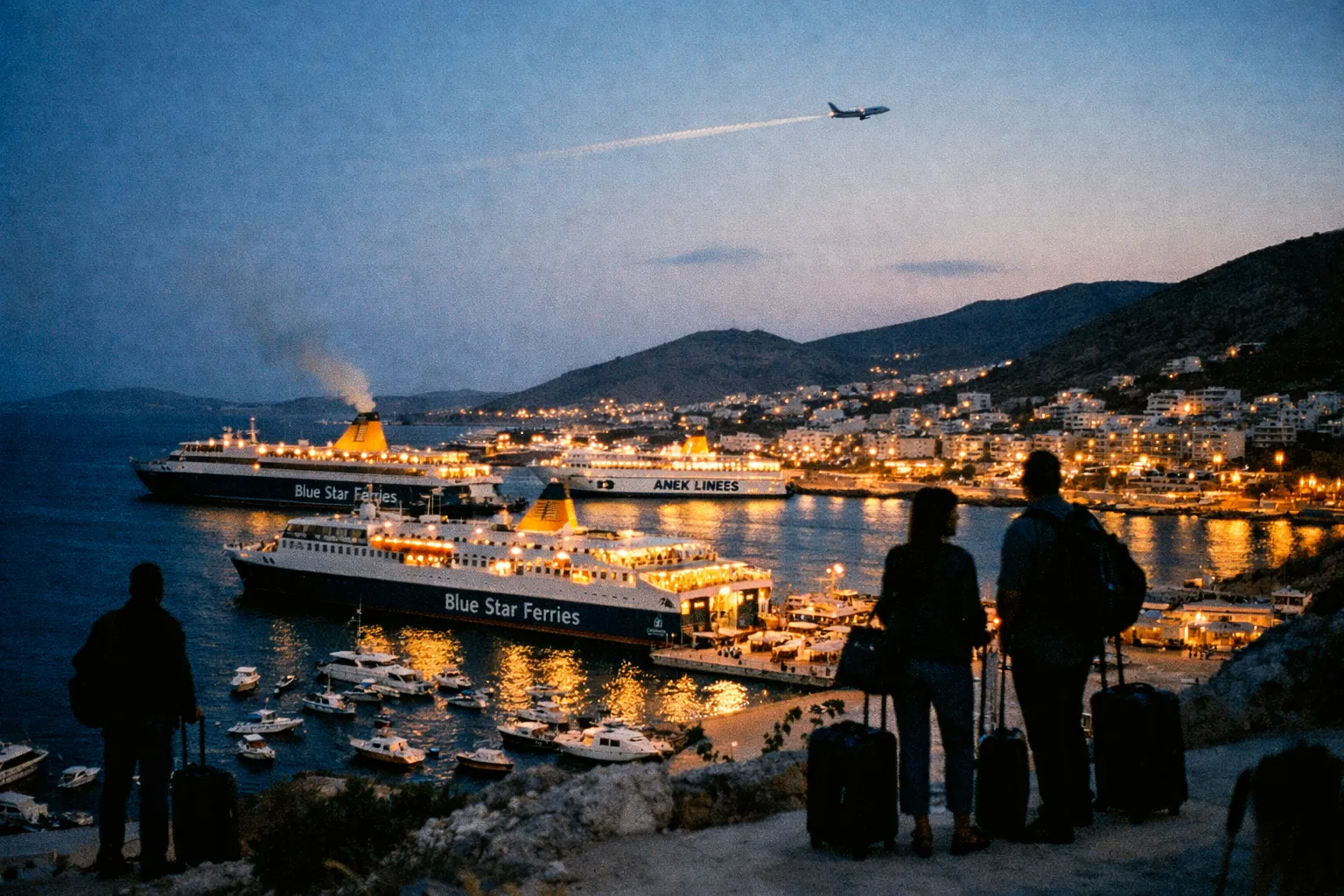 Travelers with suitcases overlook a Greek island port at dusk with ferries and an airplane overhead.