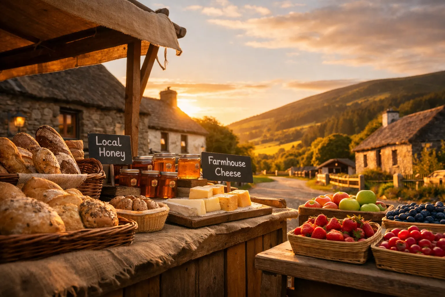 A rustic market stall with bread, cheese, honey, and fruit set in a stone cottage village at sunset.