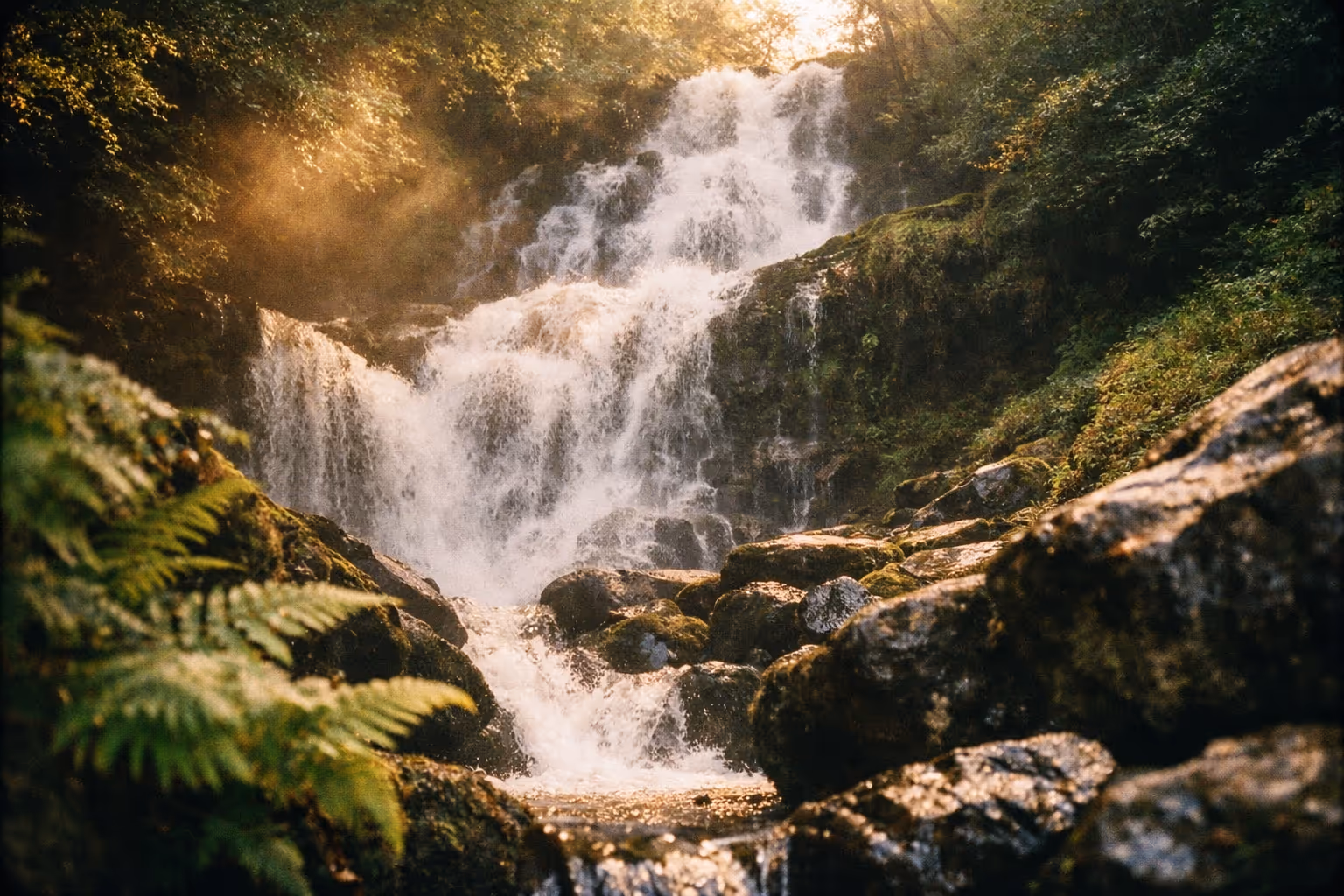 A waterfall cascades over rocks in a lush forest setting at Torc Waterfall, Killarney National Park.