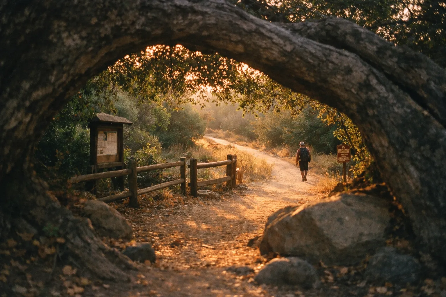 A hiker walks along a dirt trail beneath a large tree arch in a forested park at sunset.