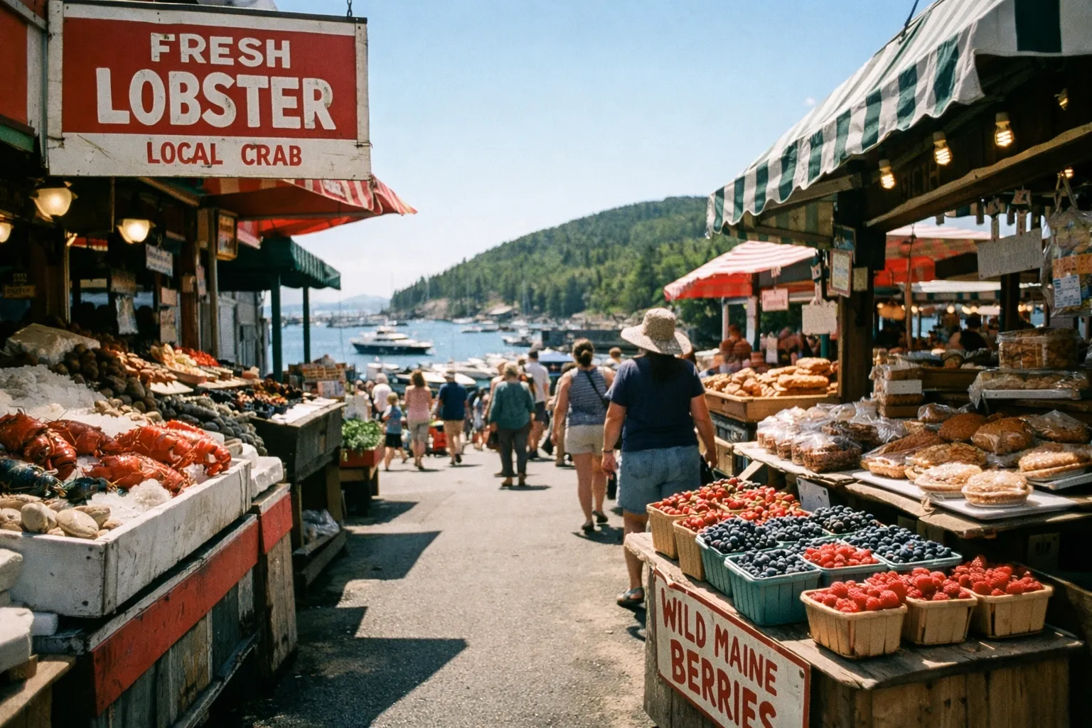 People walk through an outdoor seafood and fruit market by the waterfront in Bar Harbor, Maine.