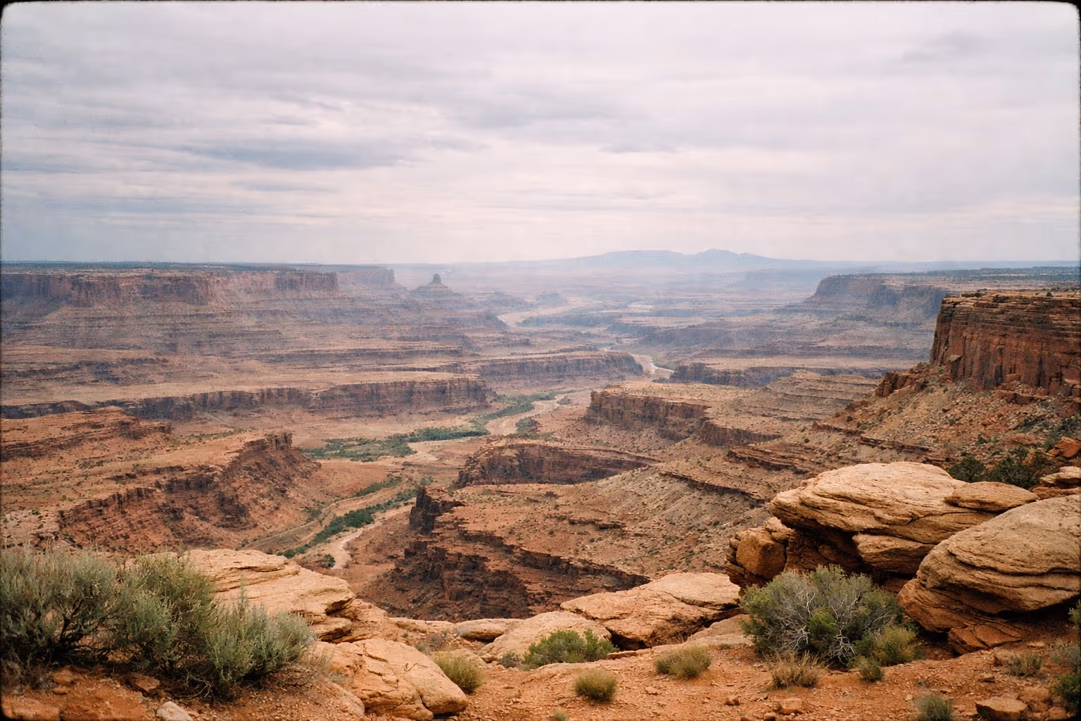A vast canyon landscape with rocky cliffs and a winding river at Canyonlands National Park.