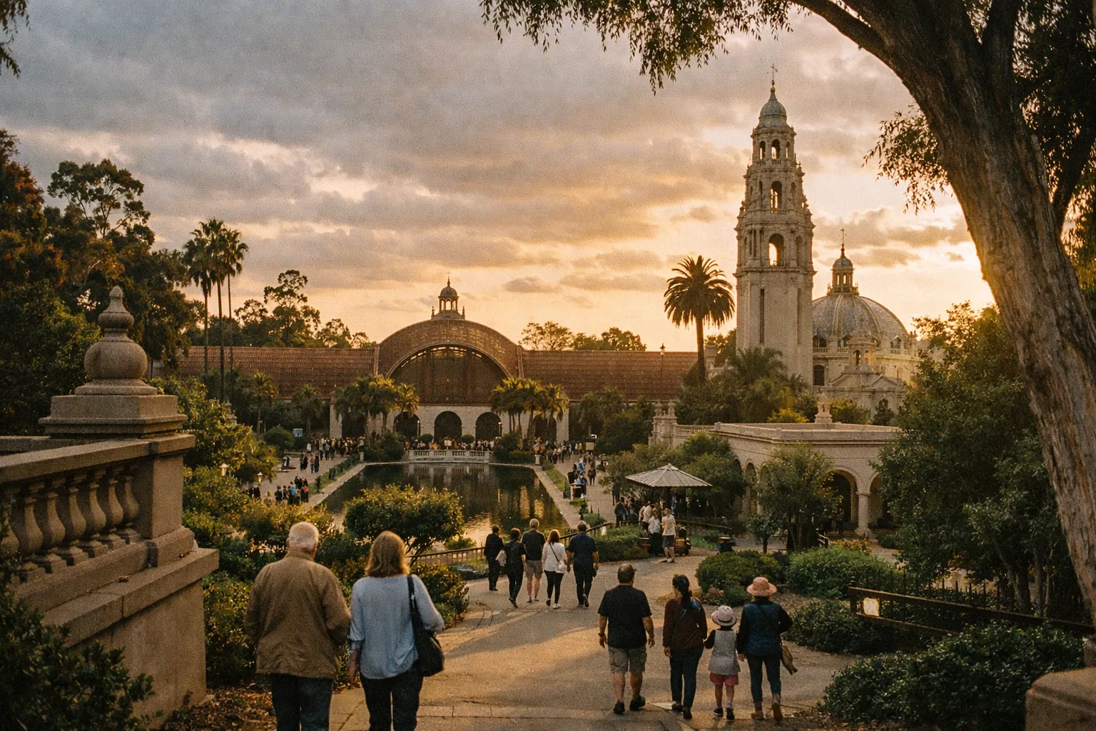 Balboa Park's Prado at golden hour, with the Botanical Building and California Tower in the distance and walkers from behind.