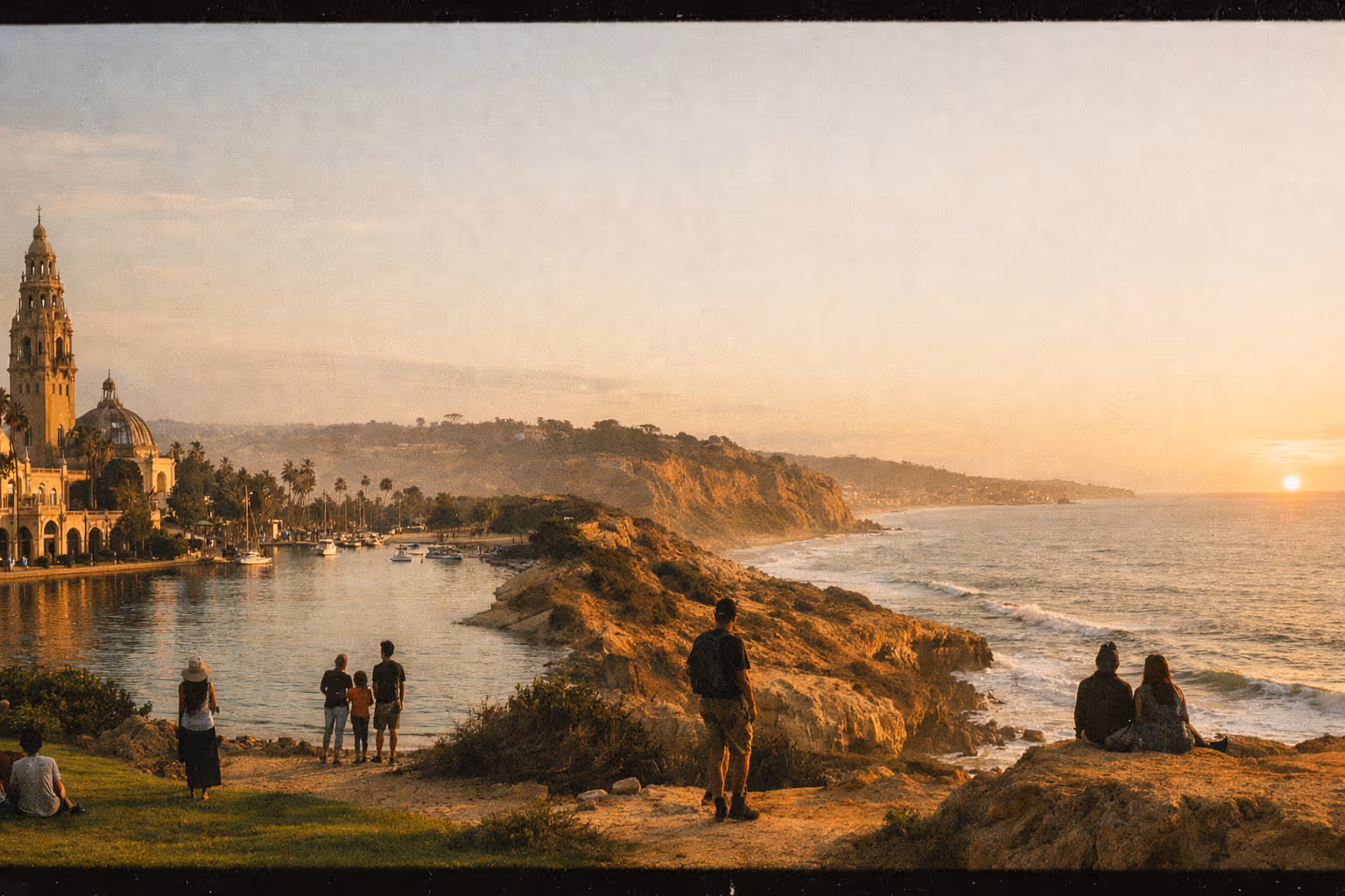 San Diego's top parks at golden hour: Balboa Park, Mission Bay, Torrey Pines and Sunset Cliffs blended into one scene.