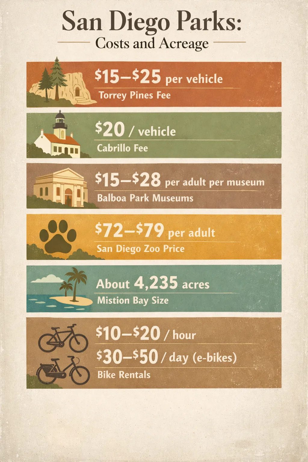 Infographic showing six data points: Torrey Pines fee, Cabrillo fee, Balboa Park museums, San Diego Zoo price, Mission Bay