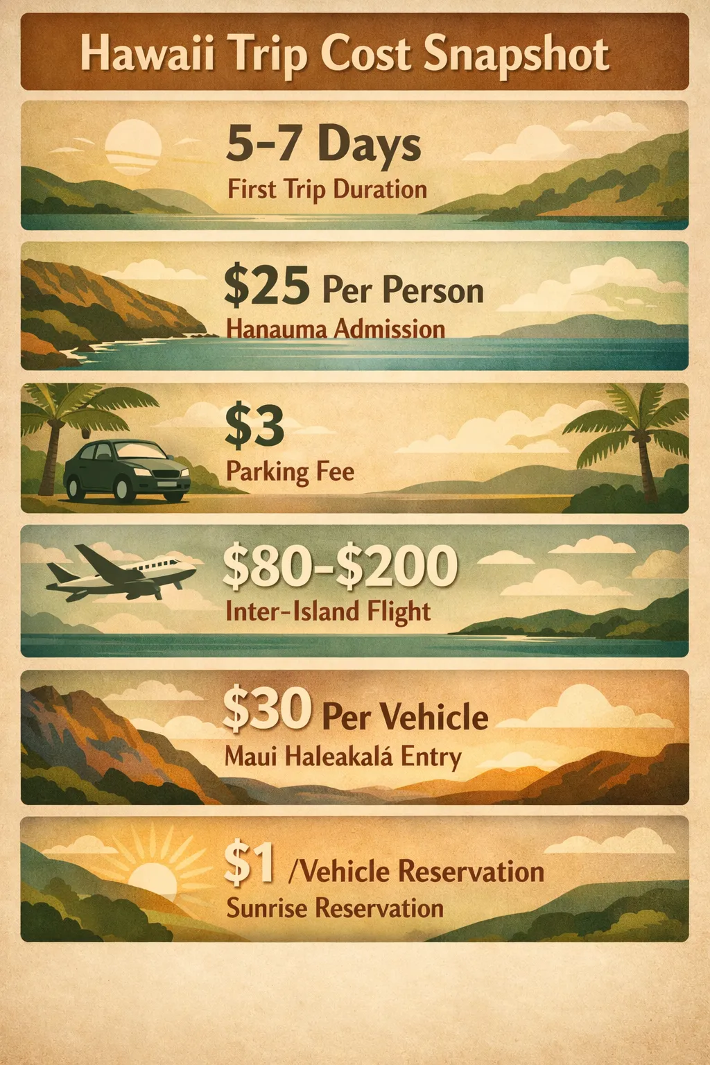 Infographic showing Hawaii trip costs: Hanauma Bay admission $25 per person, parking $3, inter-island flights $80-$200, Maui
