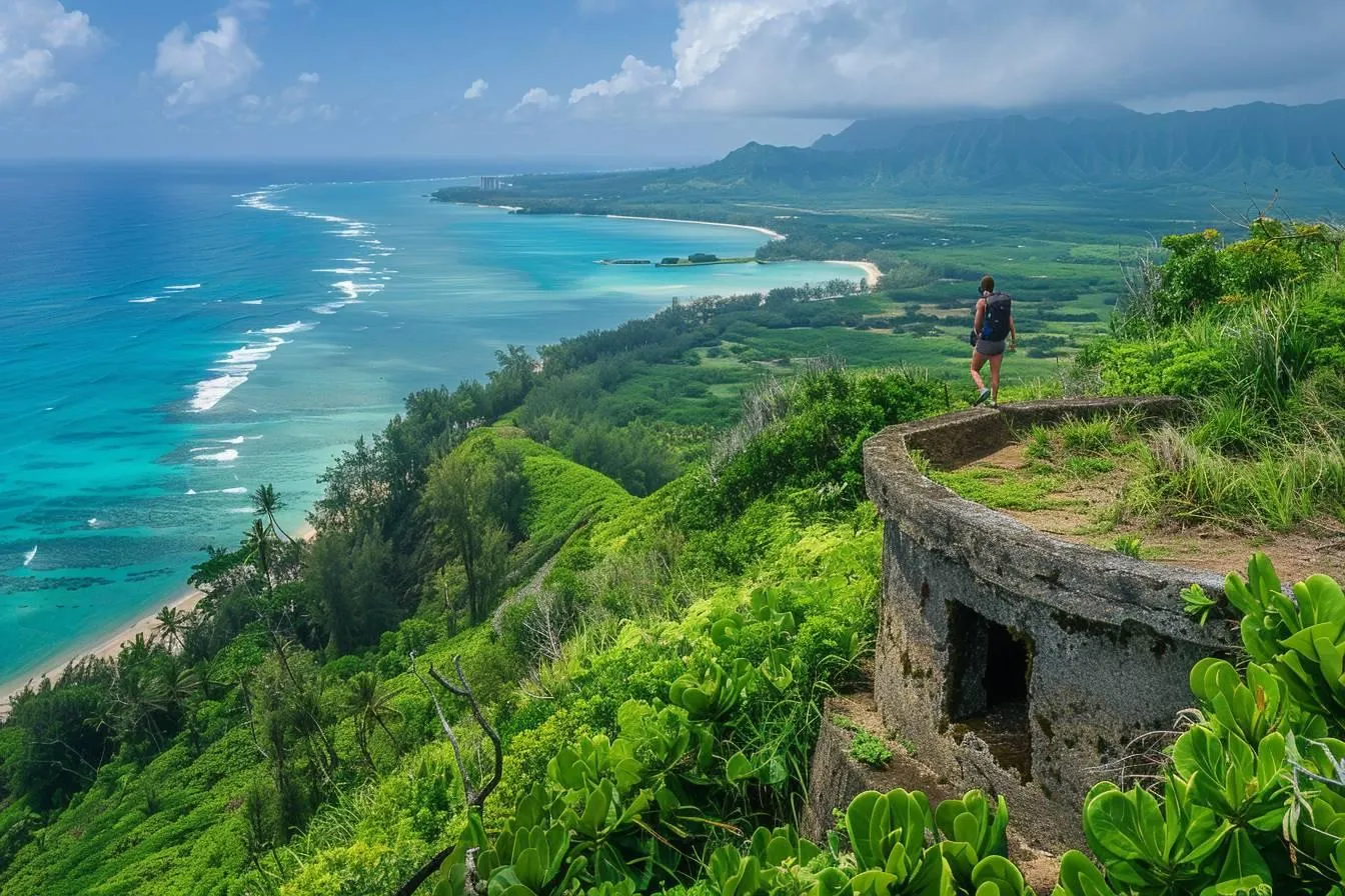 person with a backpack standing near an old concrete structure overlooking a green coastline and blue ocean