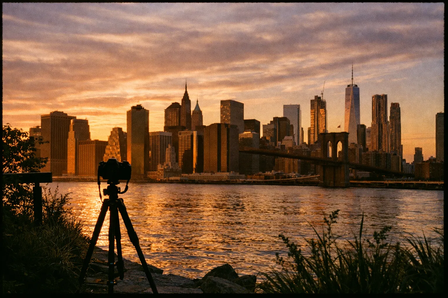 Sunset over NYC skyline from a riverside park with a tripod silhouette in the foreground.