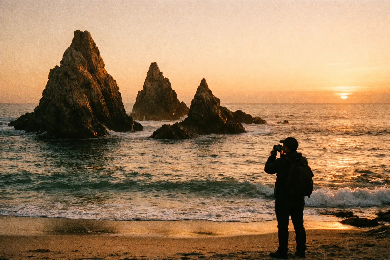 La Jolla Cove at sunset with sea stacks glowing in orange light, gentle waves and distant silhouettes.