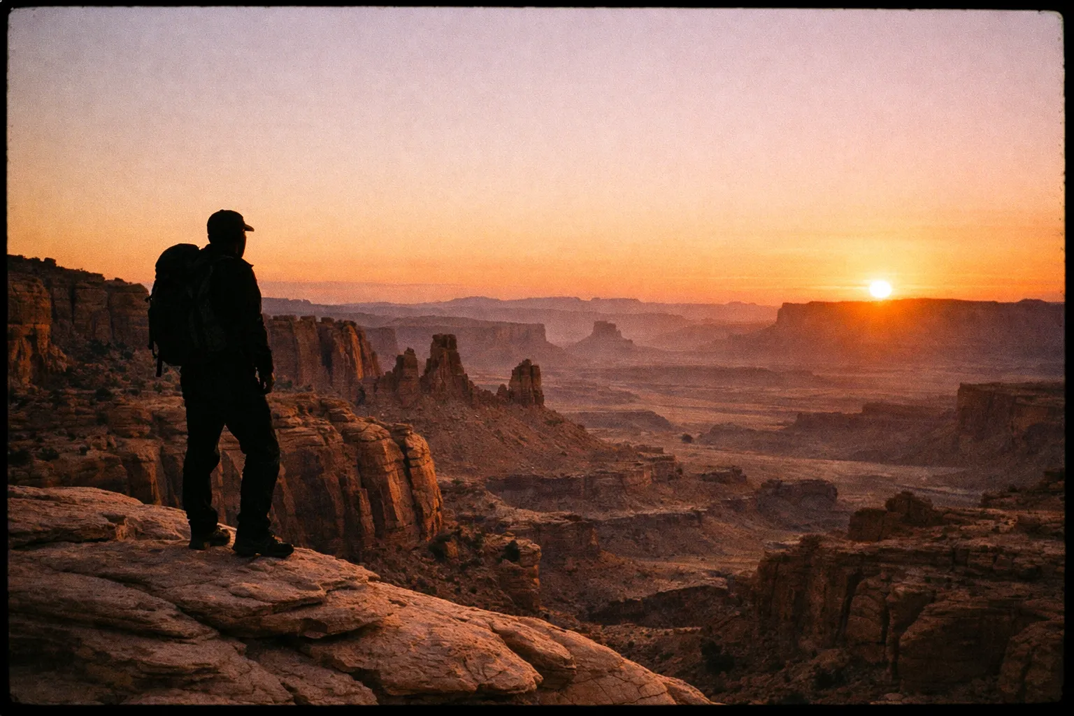 Red rock canyon in Utah at sunset with sandstone fins glowing, a lone hiker silhouette on a ridge.
