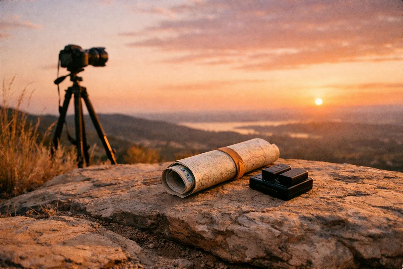 Gear laid out on a rock overlooking a sunset horizon: tripod, camera, map, and battery pack.