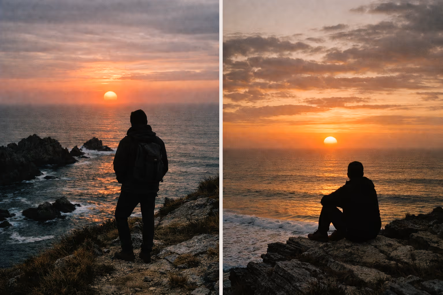 A person on a rocky coastline watches the sun set over the ocean under a partly cloudy sky.