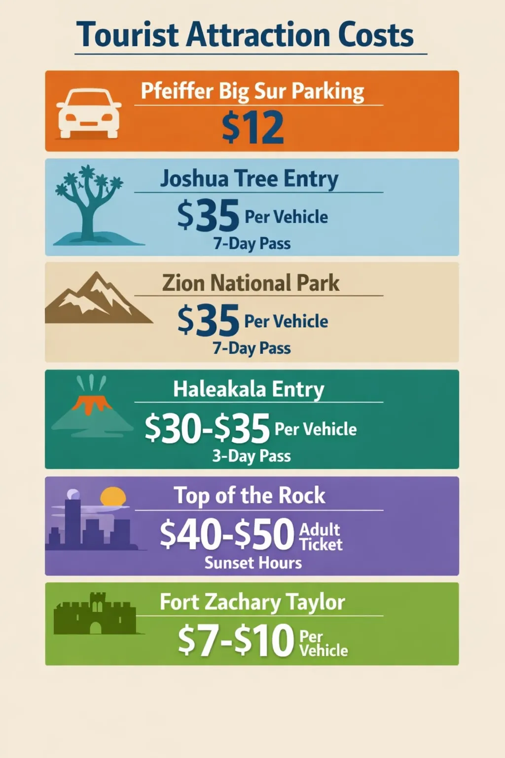 A vertical infographic showing costs and access for six sunset spots across the USA (Pfeiffer Big Sur, Joshua Tree, Zion