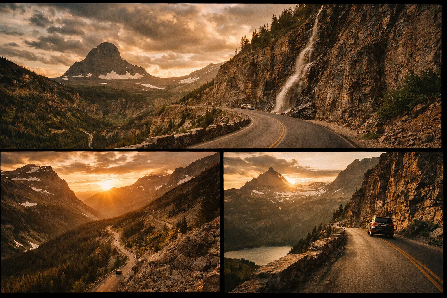 Cars drive along Going-to-the-Sun Road in Glacier National Park, surrounded by mountains, forest, and a waterfall.