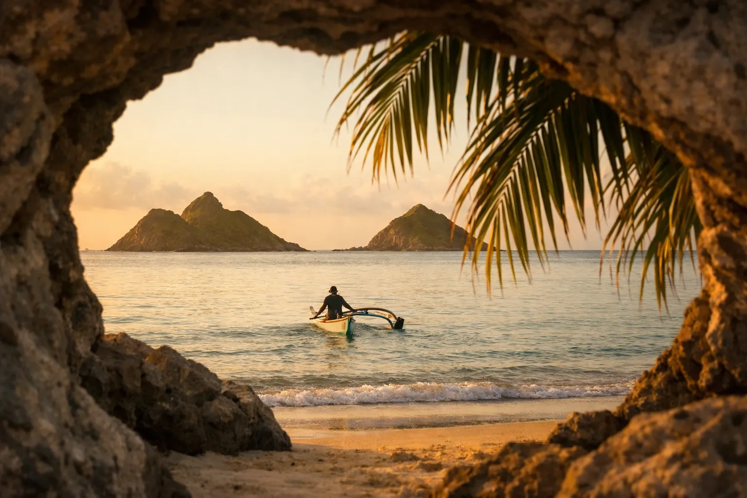 A person paddles an outrigger canoe toward the Mokulua Islands off a sandy beach at sunrise in Oahu, Hawaii.