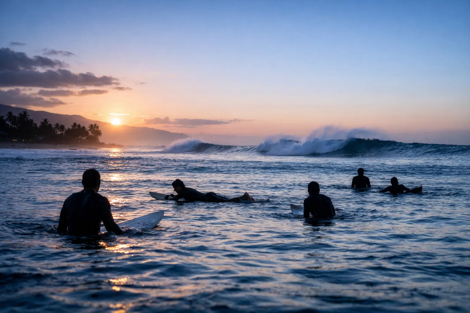 Surfers wait on their boards in the ocean at sunset near a sandy shore lined with palm trees.