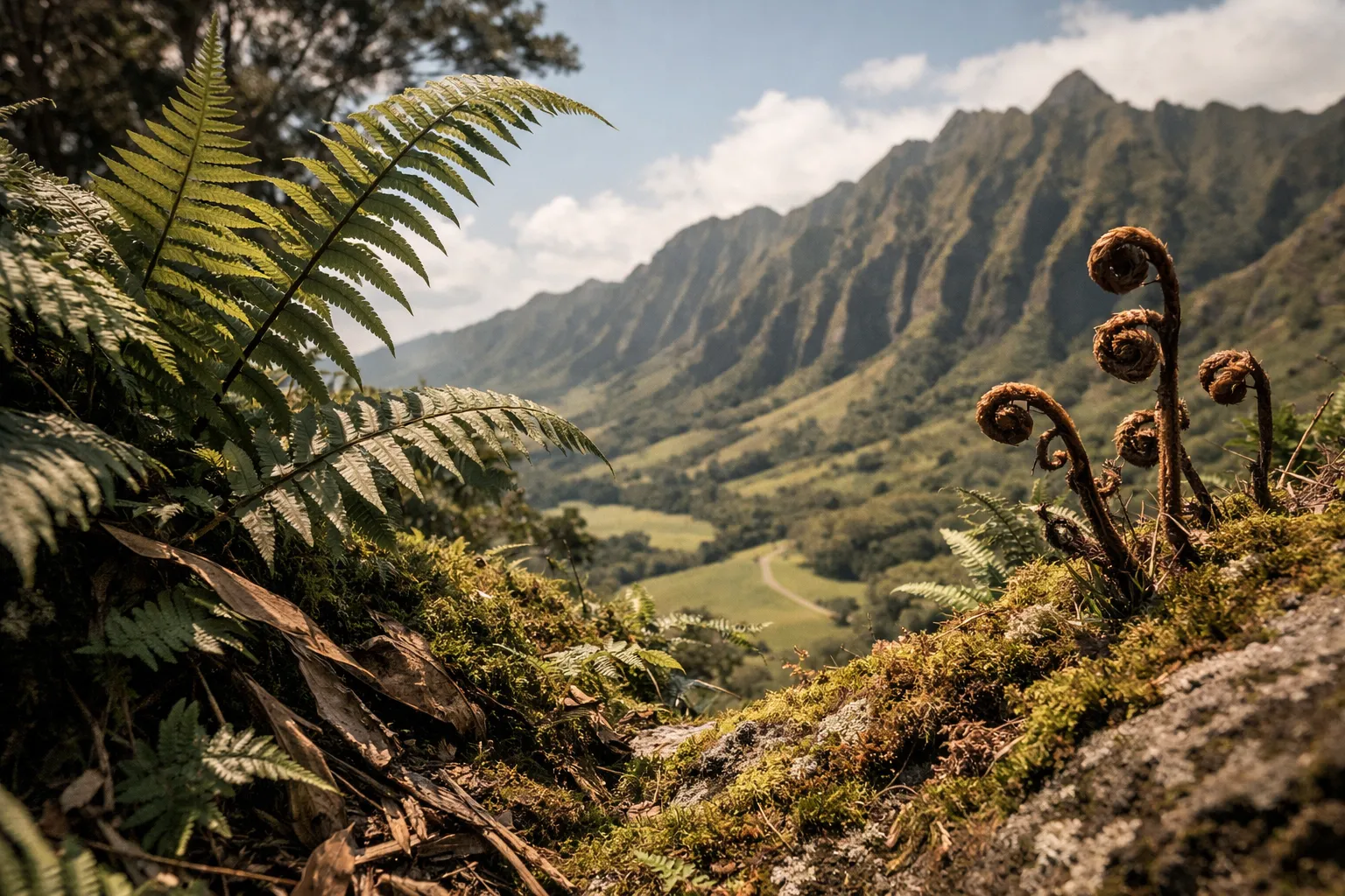 Lush green ferns and fiddleheads overlook the dramatic ridges of Oahu's Koolau mountains.