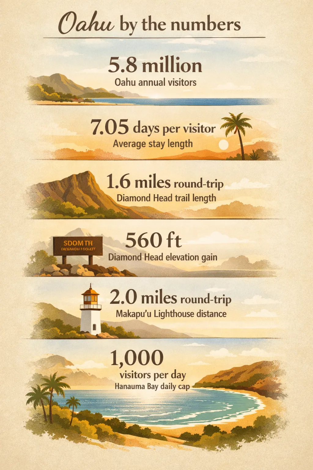 Key Oʻahu figures: 5.8 million visitors annually, 7.05 days average stay, Diamond Head 1.6 miles round-trip with 560 ft