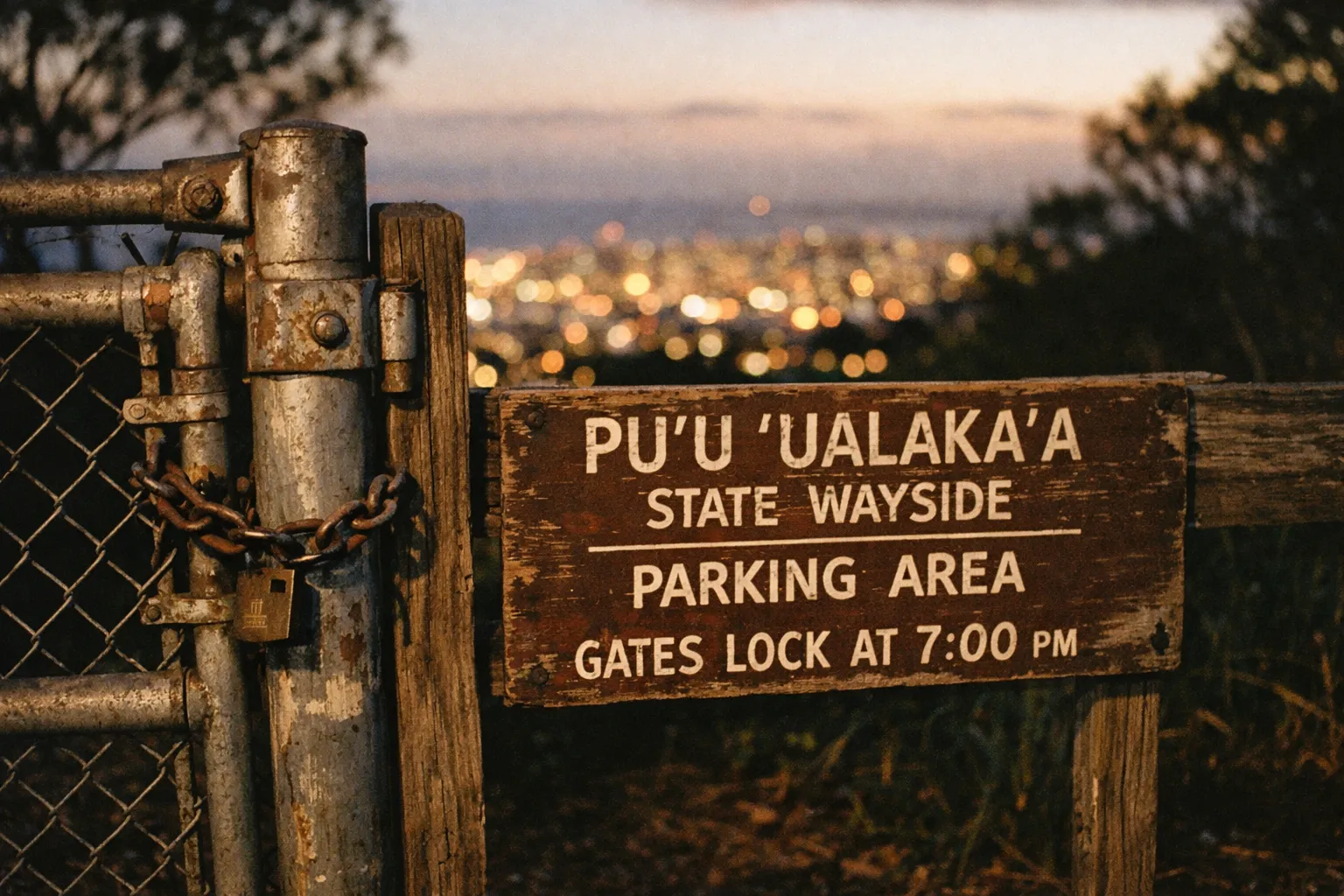 A weathered Pu'u 'Ualaka'a Wayside parking sign next to a chained gate with city lights in the background at dusk.