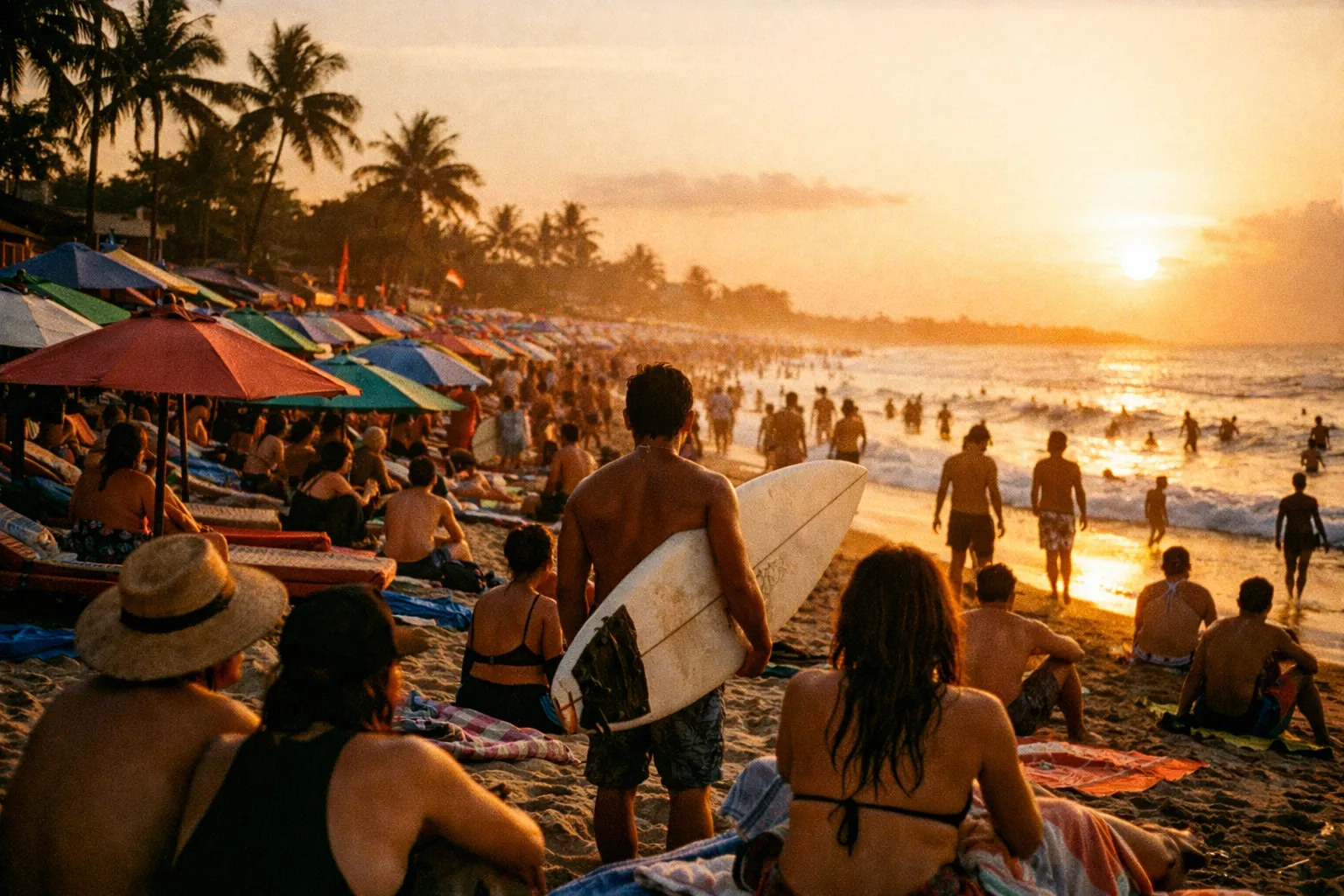 Crowded Bali beach at golden hour, viewed from behind with crowds and surfers