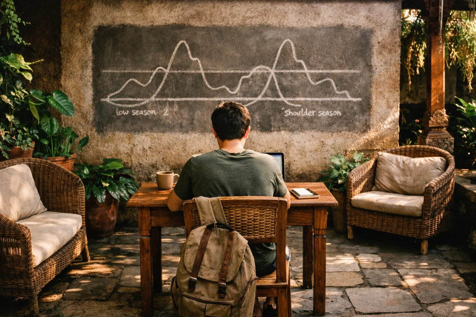 Budget-friendly Bali guesthouse courtyard in early morning with traveler seen from behind and chalk-season diagram on wall