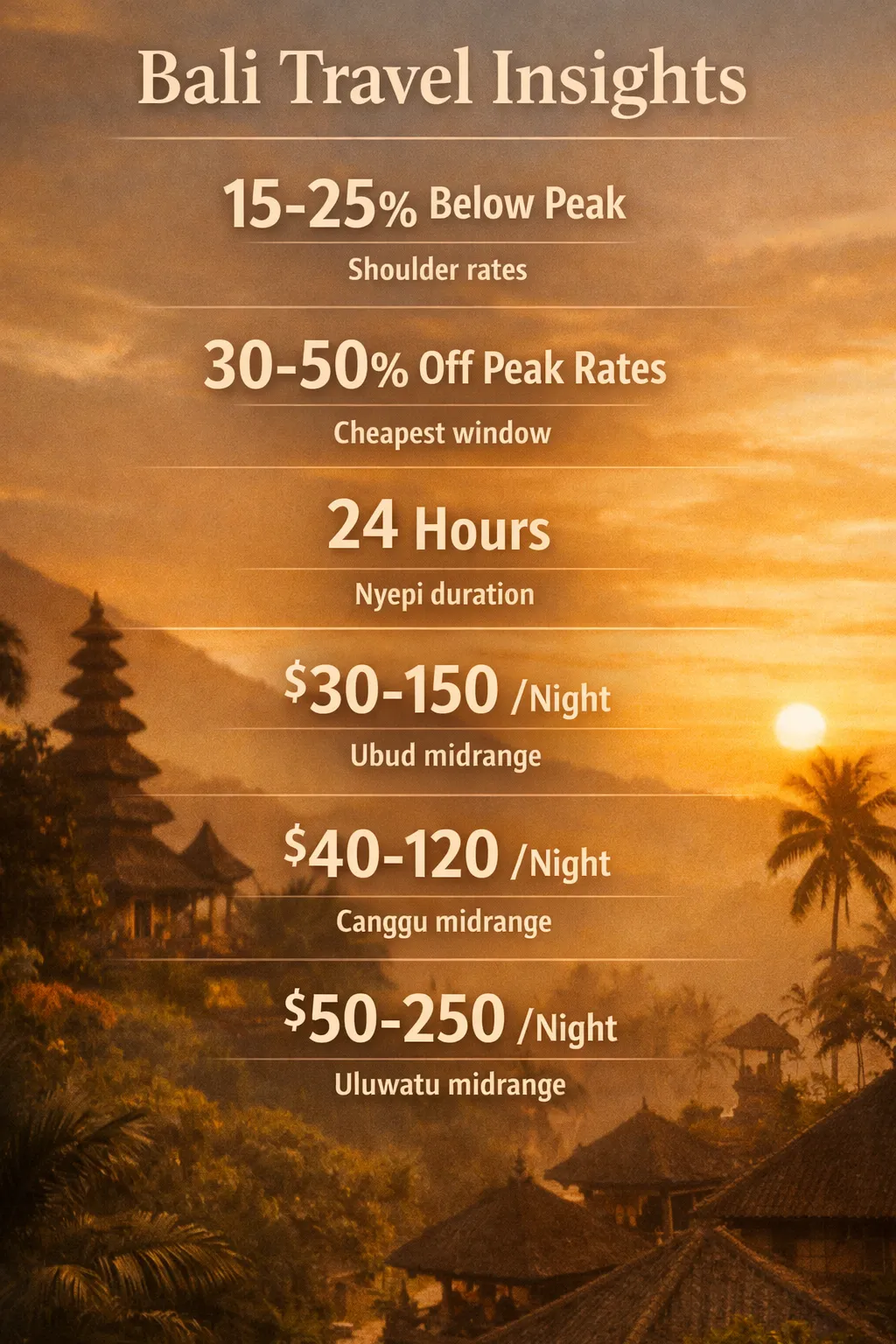 Infographic showing shoulder-month costs, cheapest window, Nyepi timing, and base nightly rates in Bali