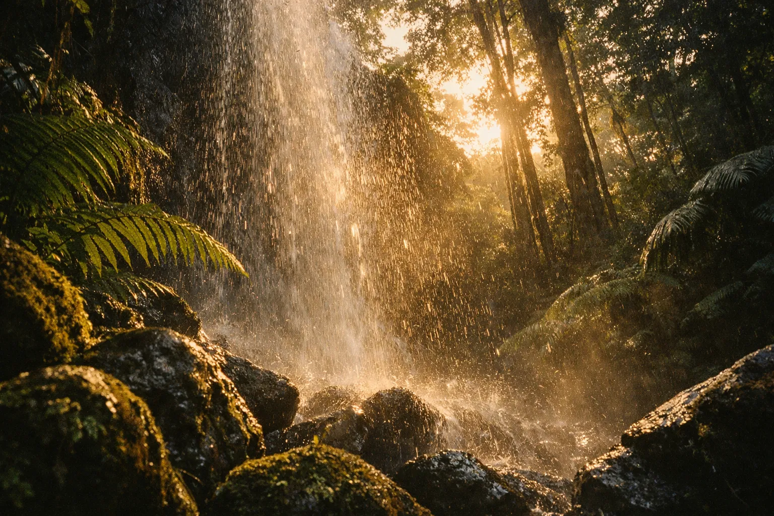 Sunlight filters through rainforest trees onto a waterfall and mossy rocks in Costa Rica.