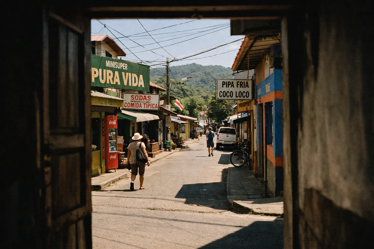 People walk along a small street lined with shops in a Costa Rican town, mountains in the background.