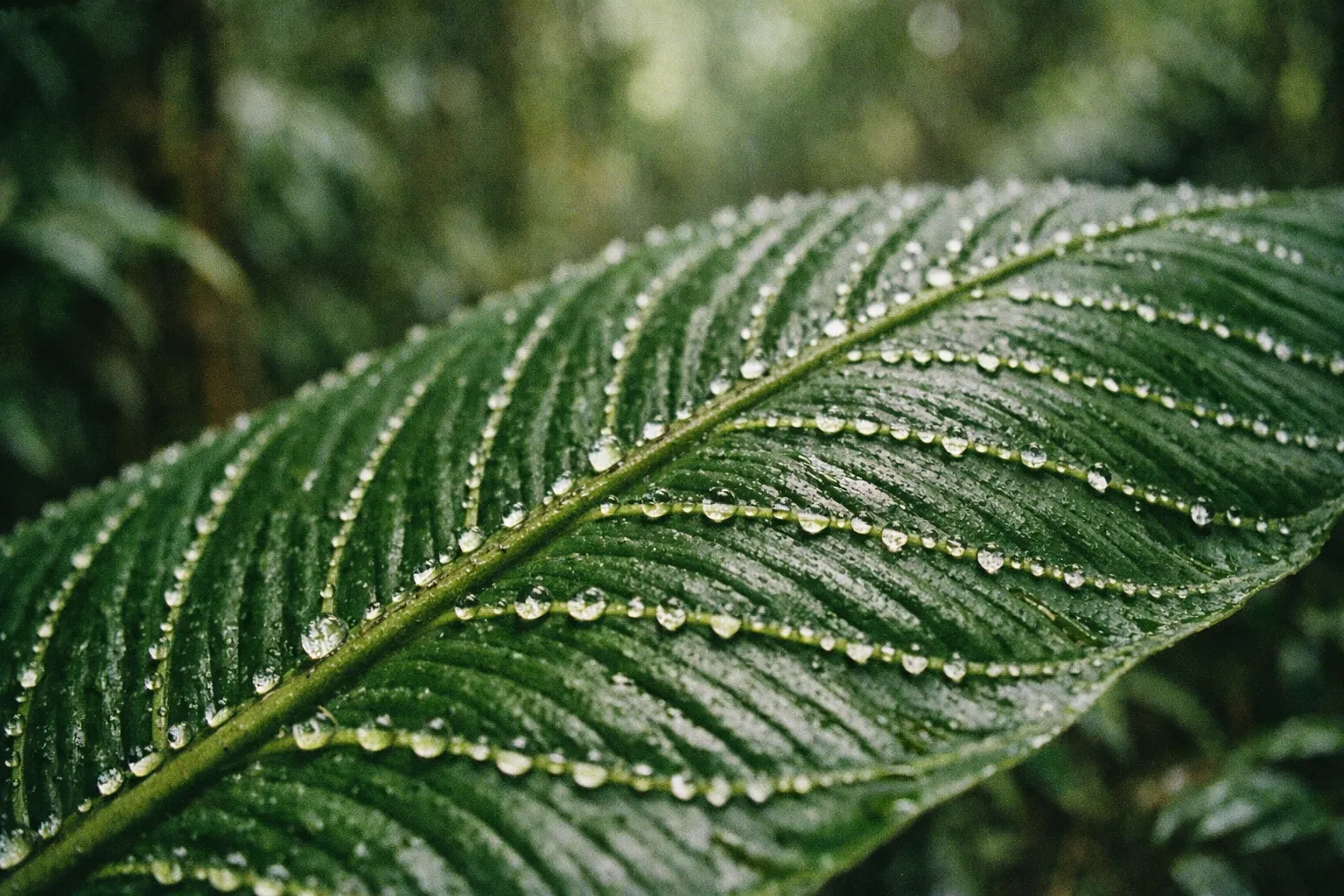 Large green rainforest leaf covered in water droplets in a lush, misty jungle setting.