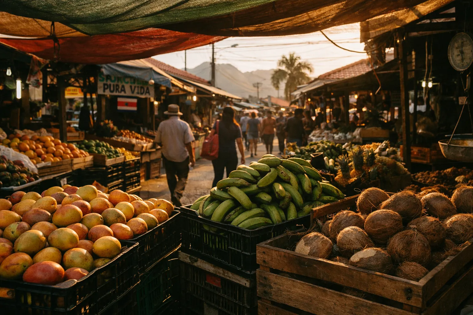 Shoppers walk through an open-air market in Costa Rica with fresh fruit and produce on display.