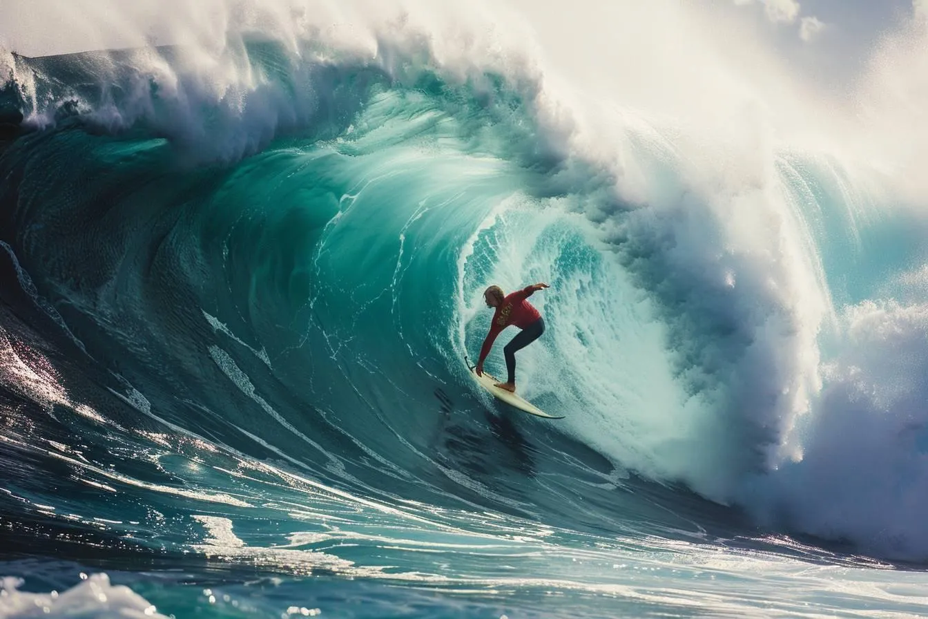 surfer riding a large ocean wave with spray forming a tunnel around them