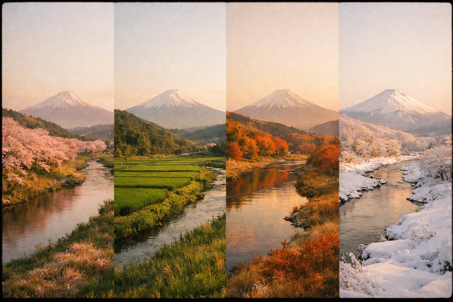 Seasonal panorama of Japan showing spring, summer, autumn, and winter landscapes with Mount Fuji in the distance