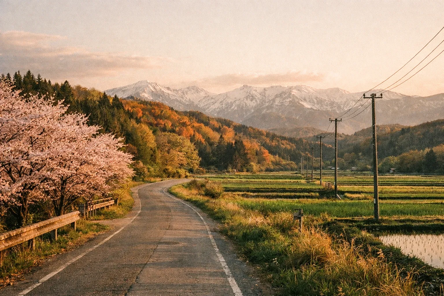 Wide landscape hinting at the year-round journey through Japan with seasonal cues along a rural route