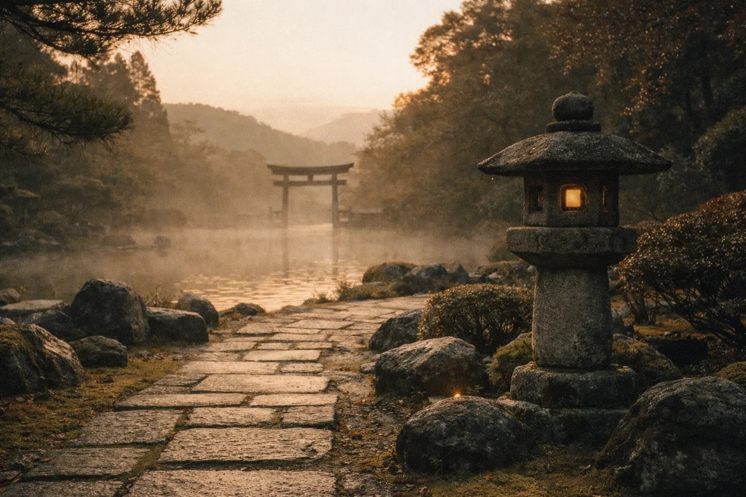 Dawn scene at a quiet Japanese temple garden with soft light and empty paths