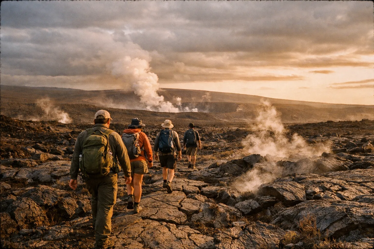 Silhouetted hikers trekking across a rugged lava field at sunset with steam rising from vents in the distance