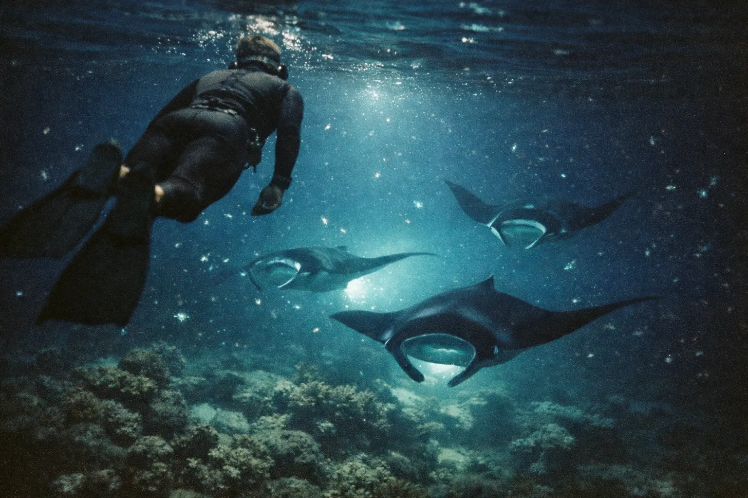 Nighttime ocean scene with manta rays gliding near the surface as a silhouetted snorkeler watches from behind