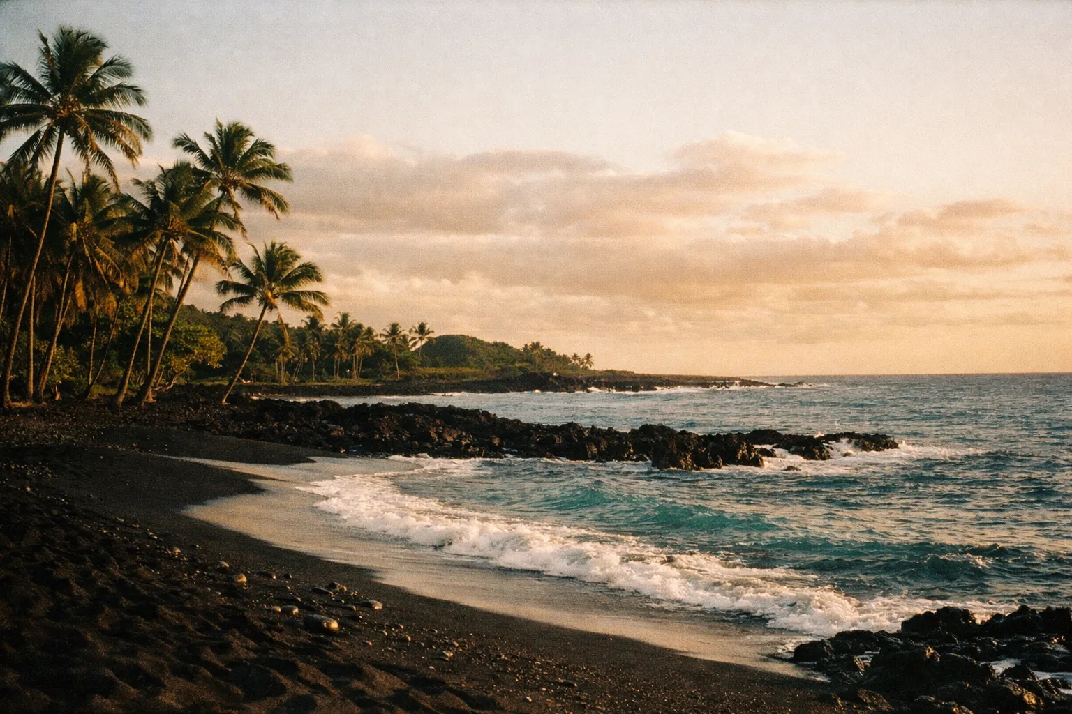 Punaluʻu black sand beach with palm trees, calm water, and gentle waves at golden hour