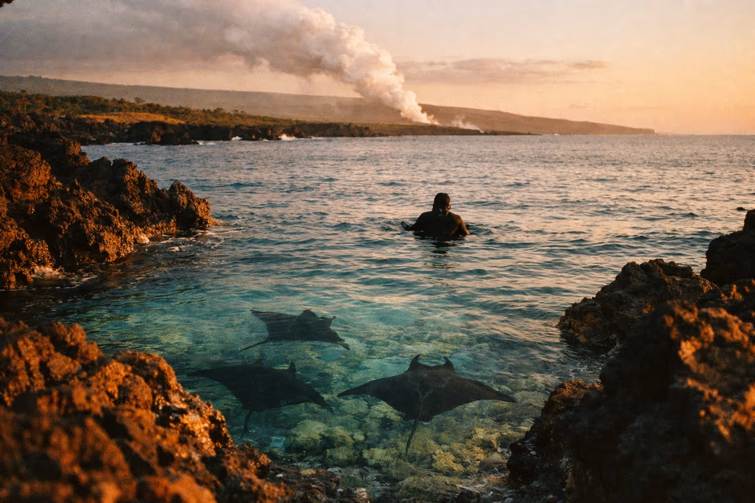 Big Island combining volcanic coastline at golden hour with manta ray silhouettes underwater